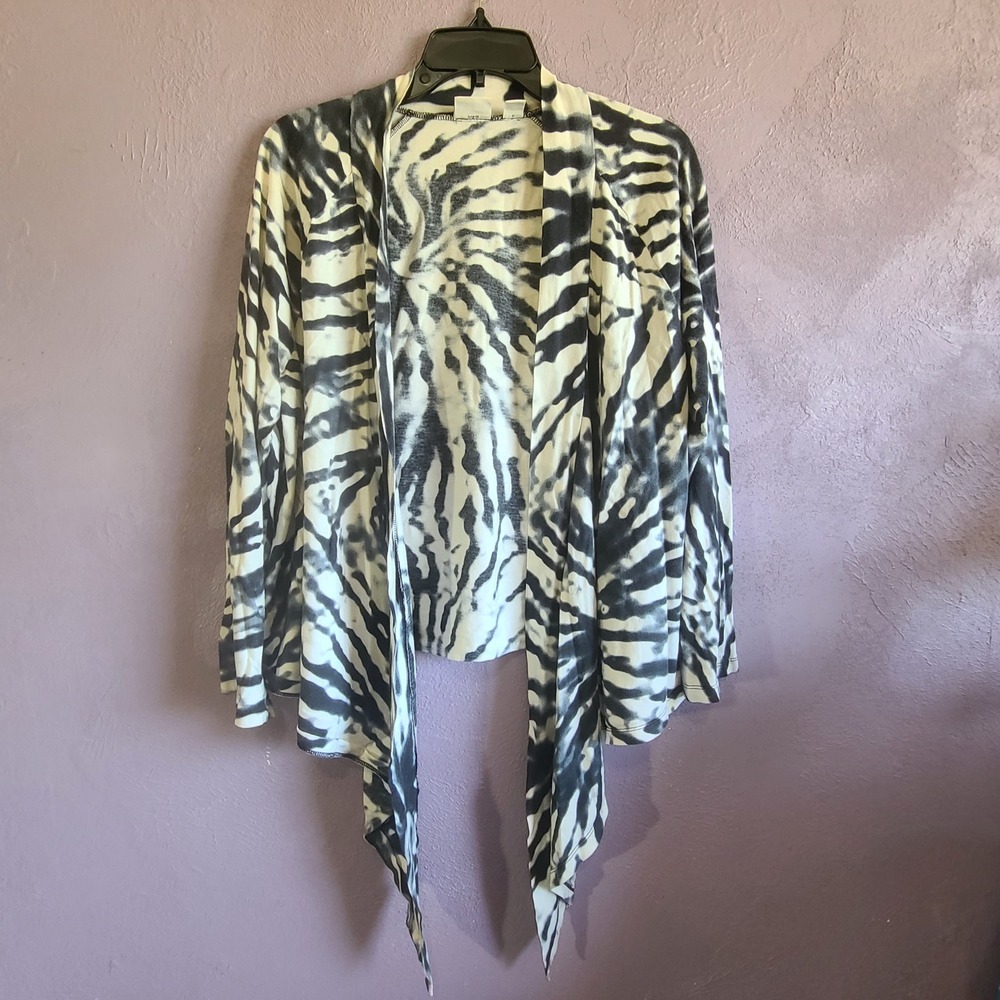 Cato Cardigan Women 18/20W Black White Tie Dye Zebra Print Open Front Sharkbite